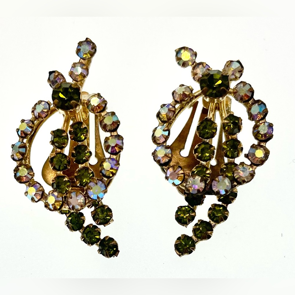 Vintage 1950s Austria Aurora Borealis Crystal Clip-On Earrings Gold Tone